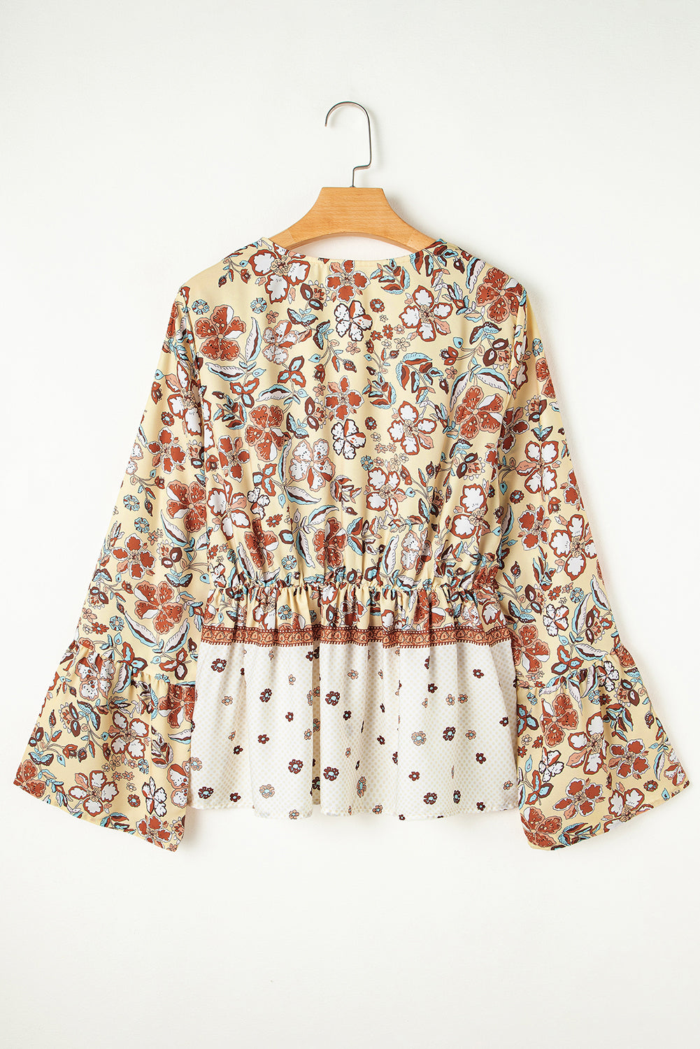 Yellow Printed Floral Bell Sleeve V Neck Wrapped Contrast Peplum Blouse 🇺🇸