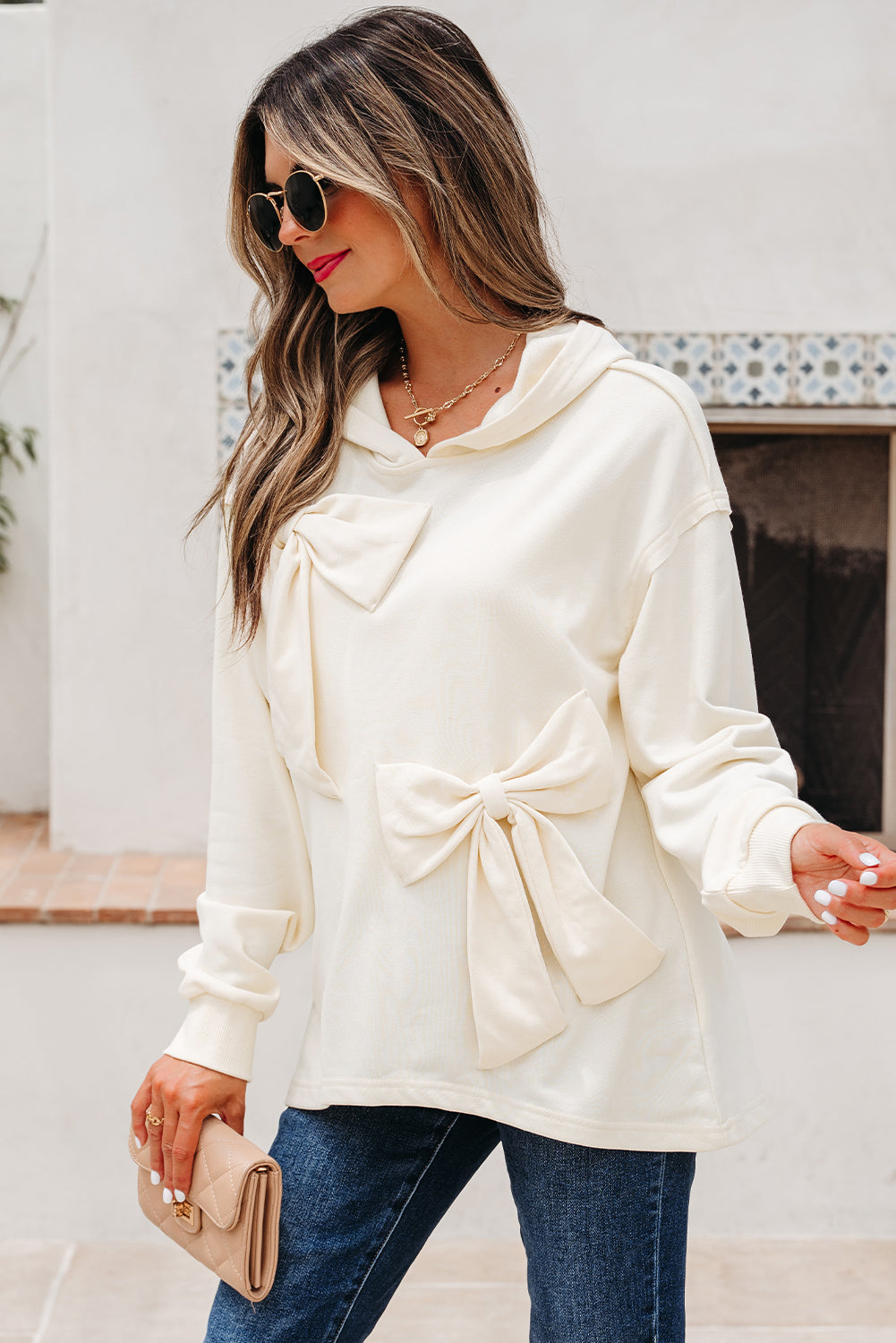 White Solid Color Cute Bow Detail Loose Hoodie 🇺🇲