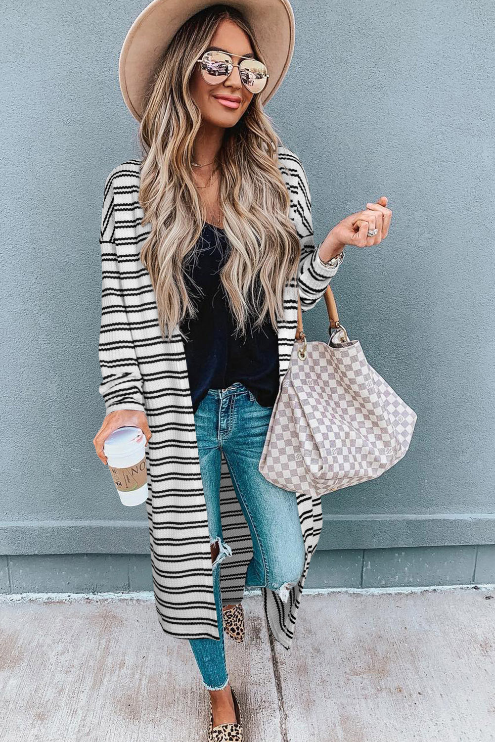 Black Stripe Print Open Front Duster Cardigan 🇺🇲