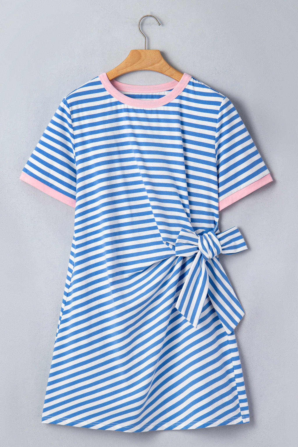 Sky Blue Stripe Nautical Tie Contrast Trim Round Neck T Shirt Mini Dress 🇺🇸