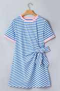 Sky Blue Stripe Nautical Tie Contrast Trim Round Neck T Shirt Mini Dress 🇺🇸