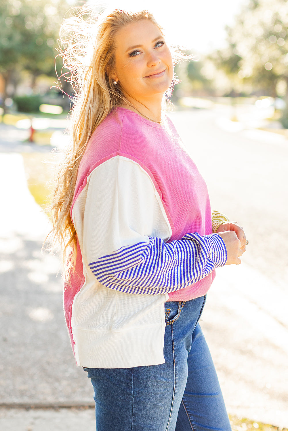 Rose Red Colorblock Patchwork Striped Puff Sleeve Plus Size Top with Slits 🇺🇲