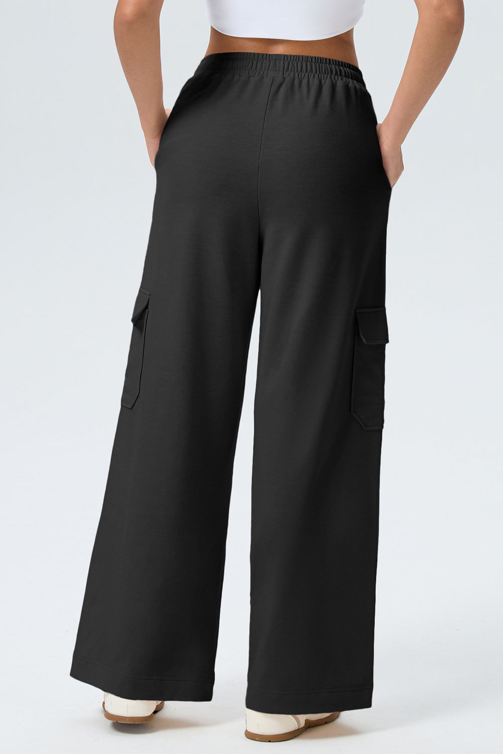 Black Solid Color Drawstring Elastic Waist Cargo Patch Pocket Active Pants 🇺🇸