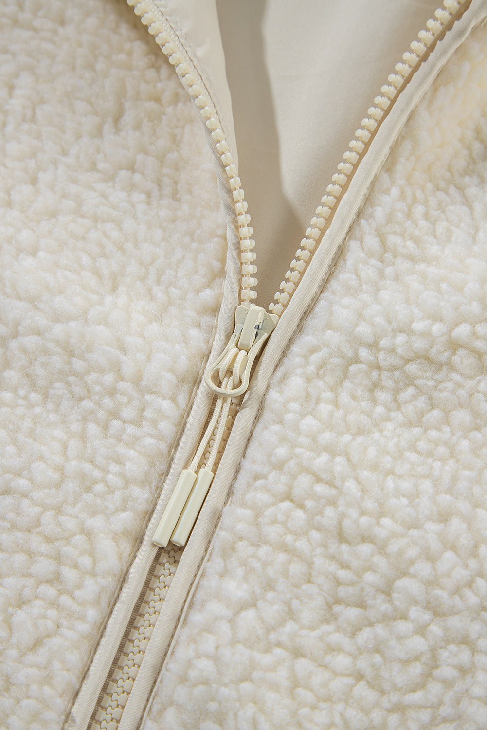 Beige Fleece Zip Up Drawstring Hooded Pocketed Jacket 🇺🇸