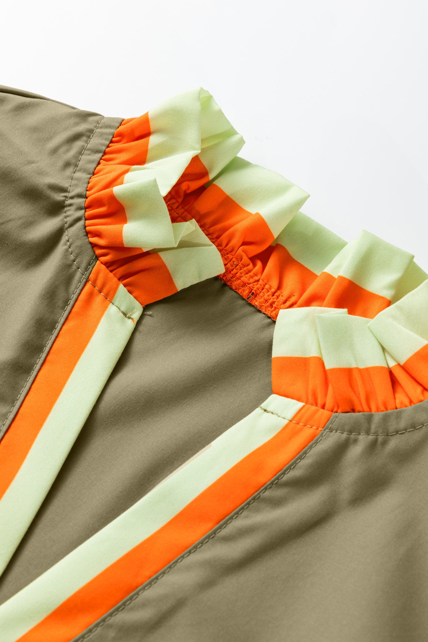 Four Leaf Clover Striped Trim Ruffle Split Neck Long Sleeve Blouse 🇺🇸