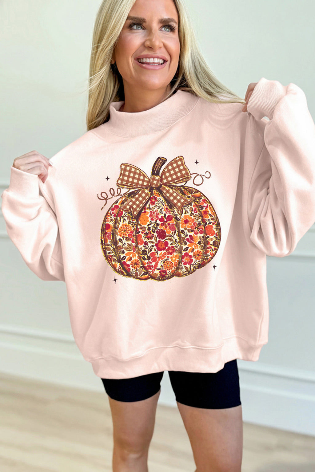 Apricot Pink Floral Pumpkin Graphic Mock Neck Oversized Sweatshirt 🇺🇸