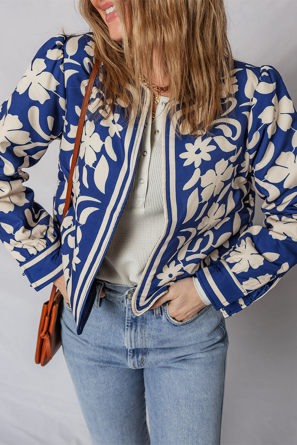 Blue Flower Print Open Front Buttoned Cuffs Elegant Jacket 🇺🇸