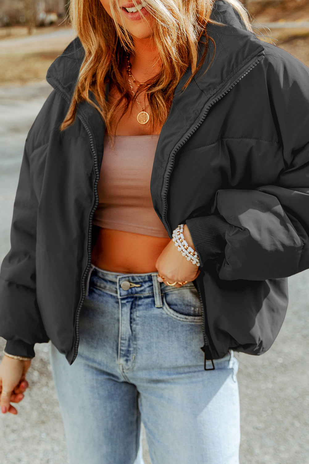 Black Zip Up Pocketed Puffer Jacket 🇺🇸