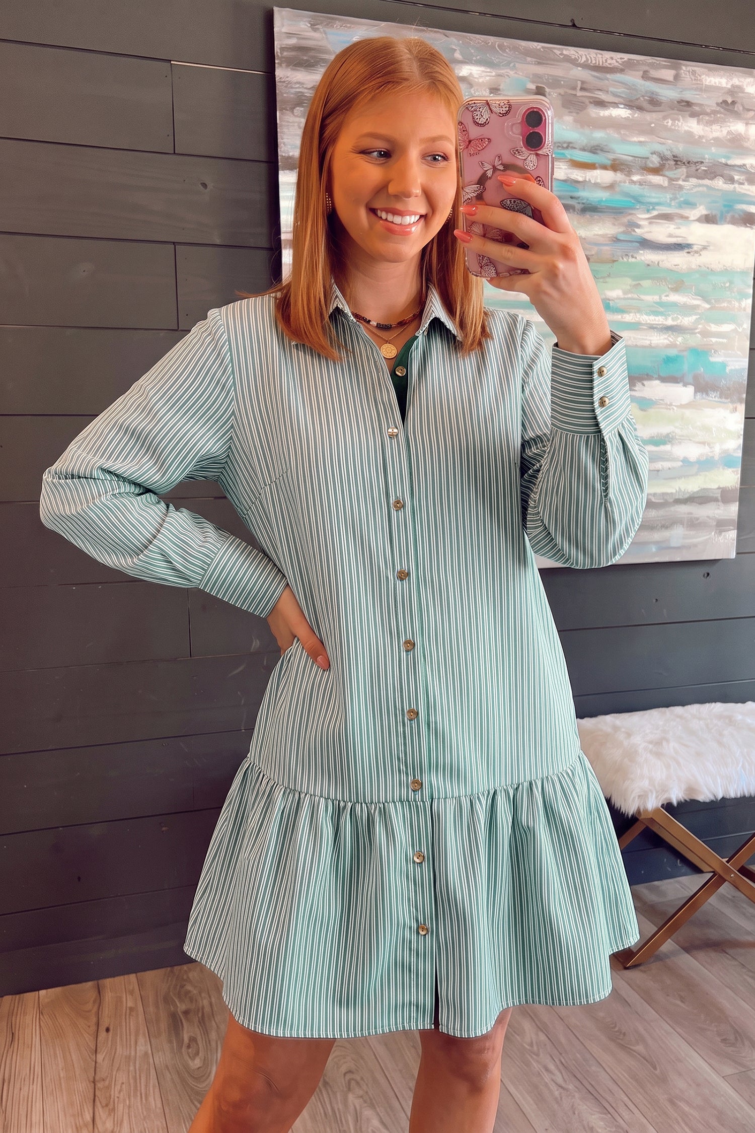 Green Stripe Striped Shift Long Sleeve Dress 🇺🇸