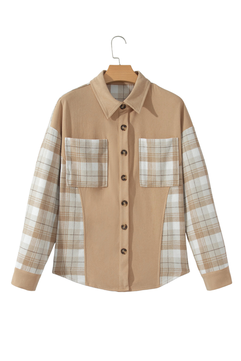 Light French Beige Plaid Colorblock Shirt Collar Shift Shacket 🇺🇸