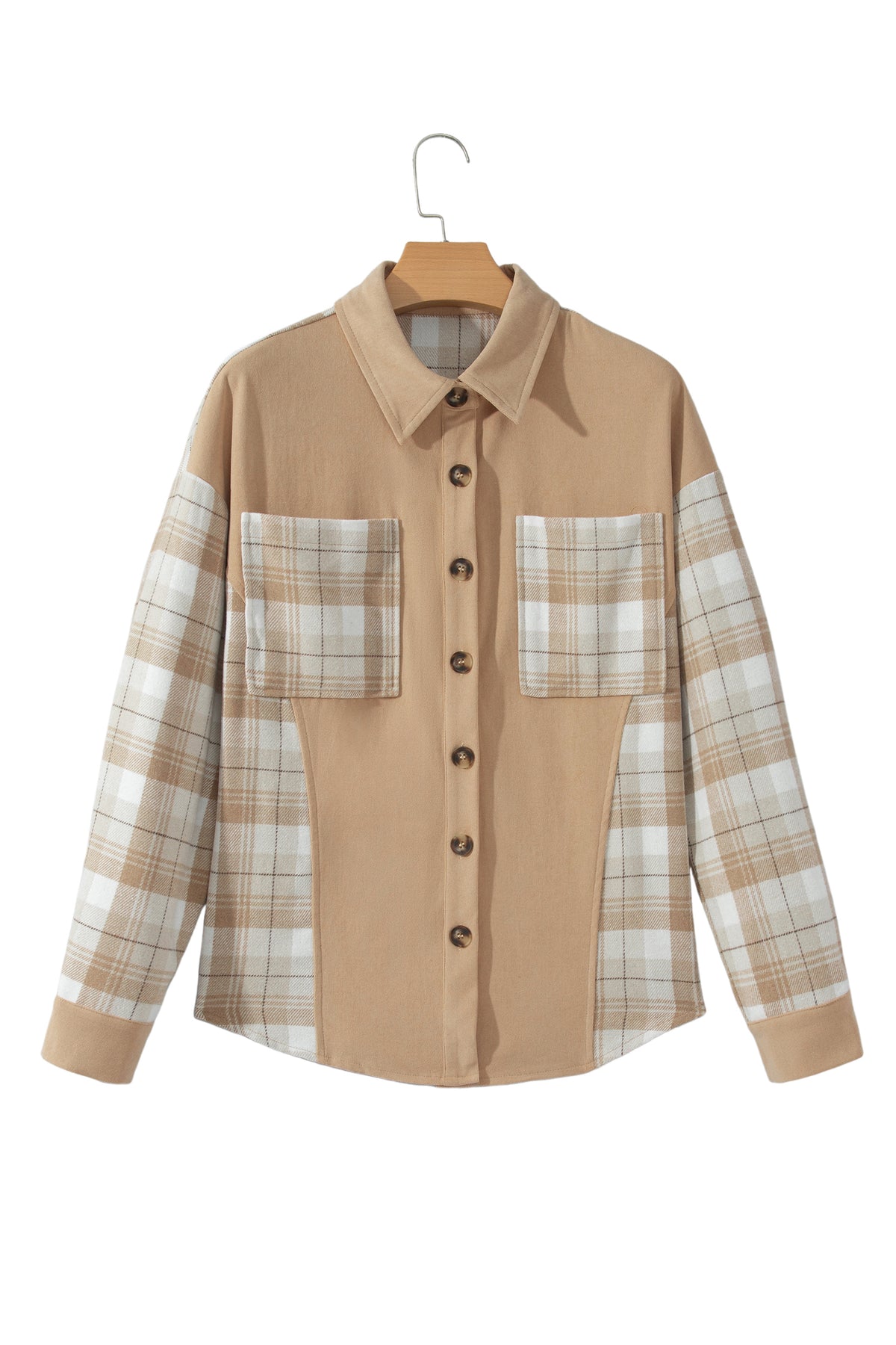 Light French Beige Plaid Colorblock Shirt Collar Shift Shacket 🇺🇸