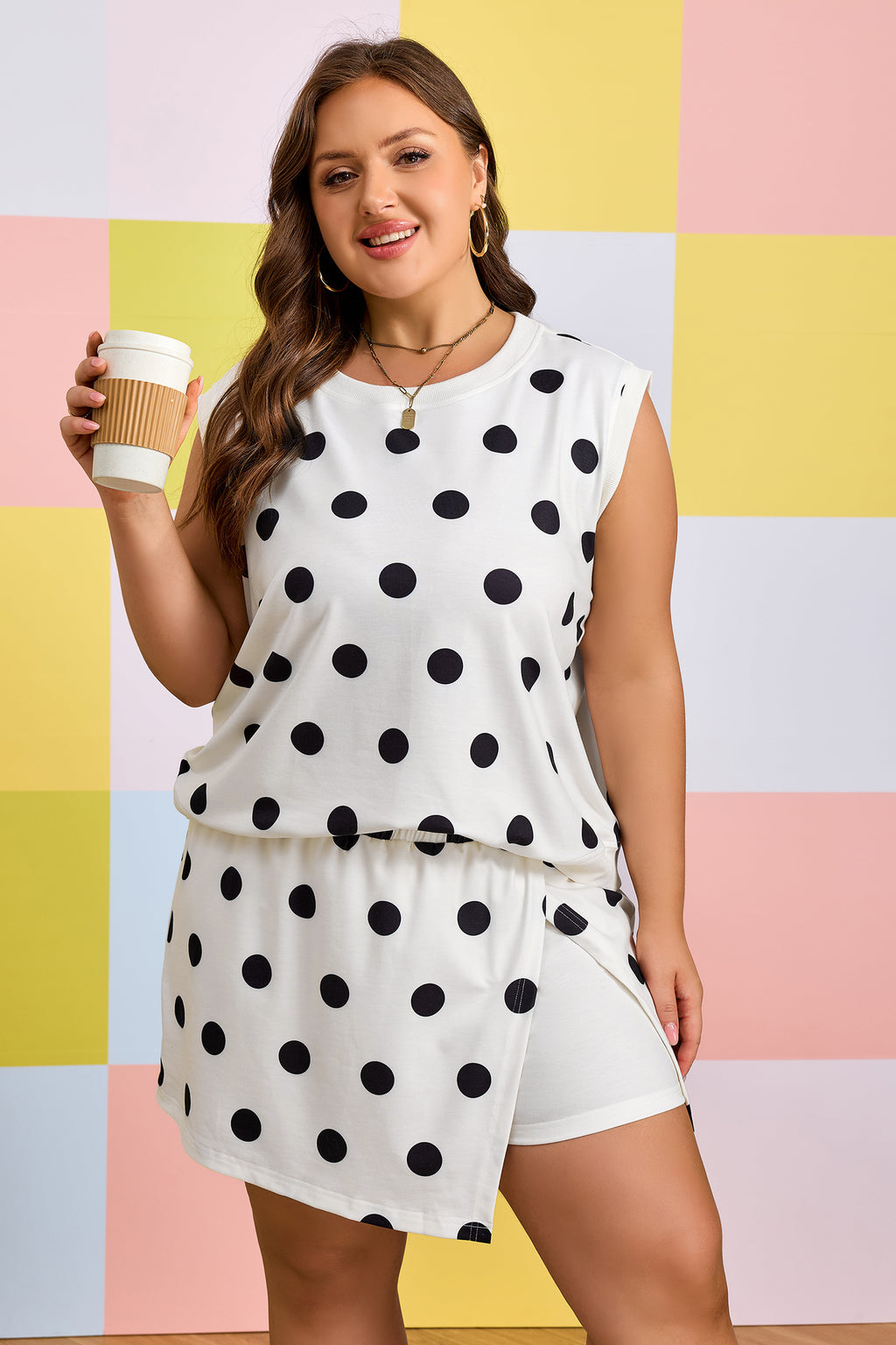 White Plus Size Polka Dot Printed Tank Split Skort 2pcs Outfit 🇺🇸