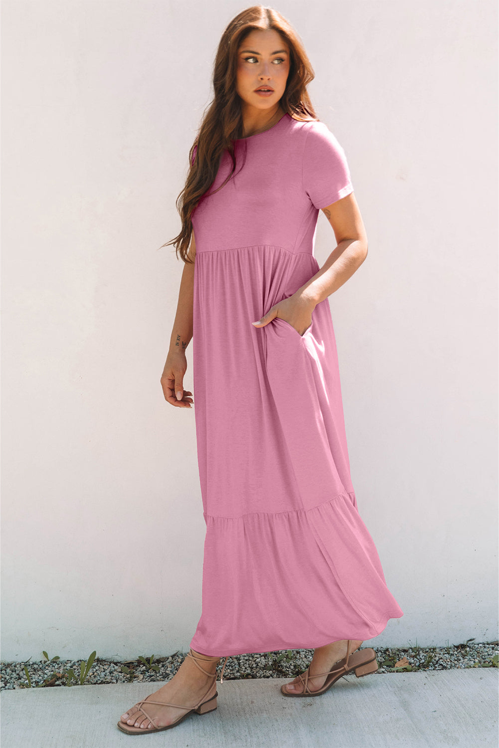 Pink Solid Color T-shirt High Waist Pocketed Long Dress 🇨🇳