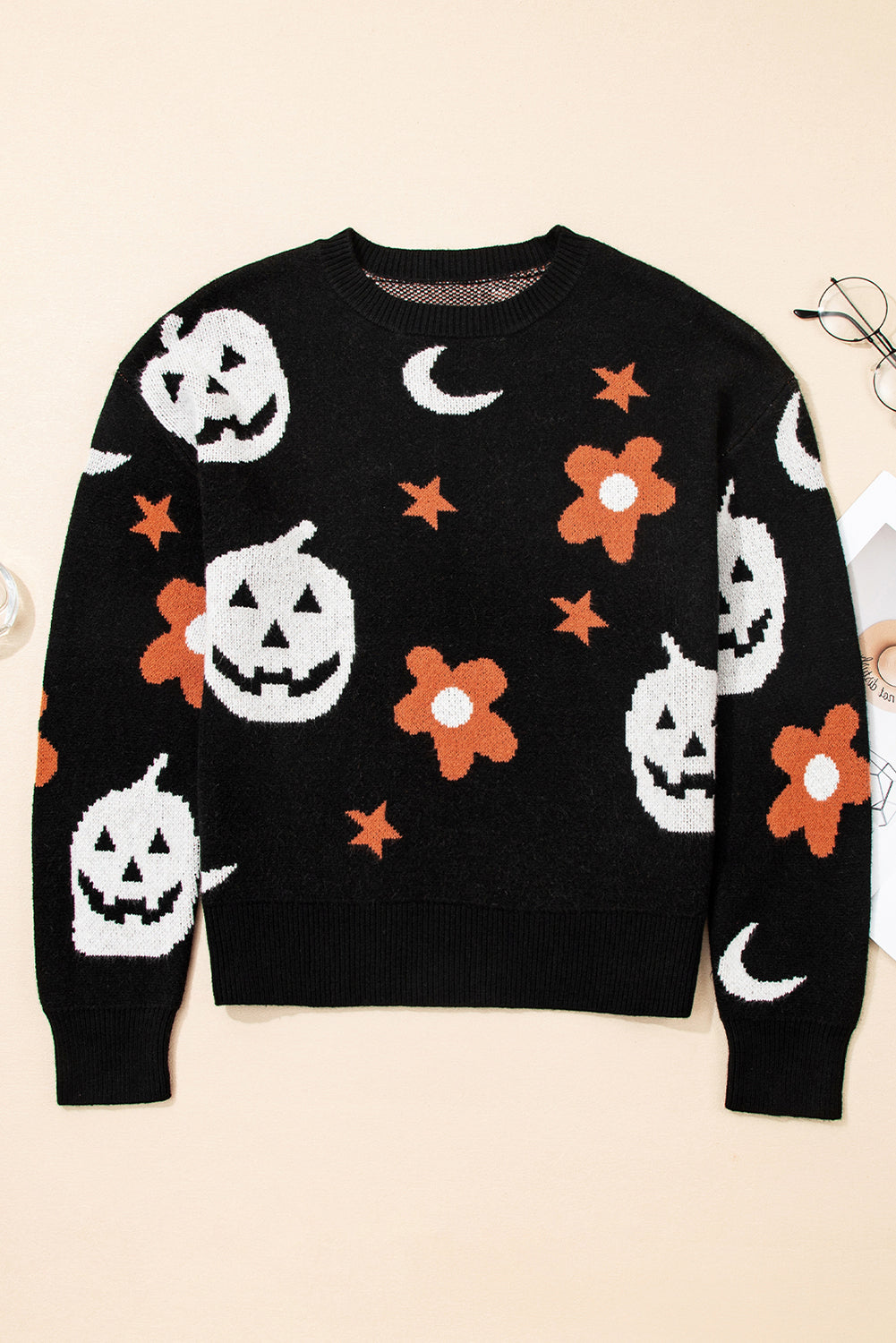 Black Halloween Mythical Night Pattern Drop Shoulder Sweater 🇺🇲