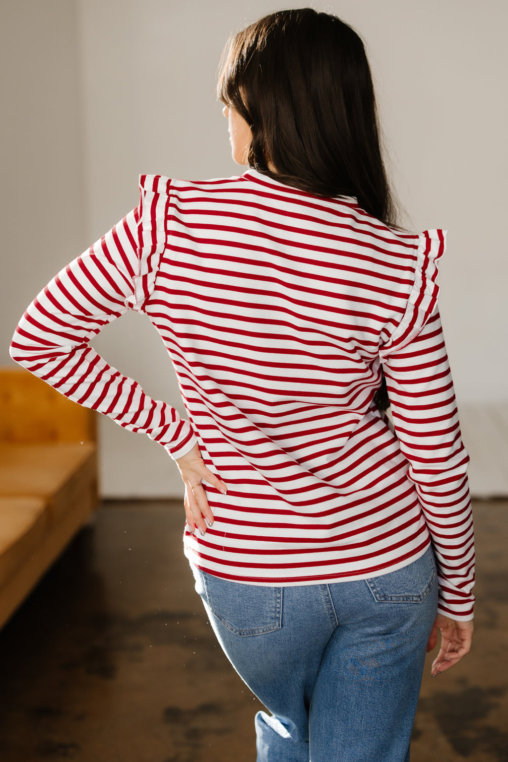 Red Stripe Round Neck Ruffle Trim Long Sleeve Top 🇺🇸