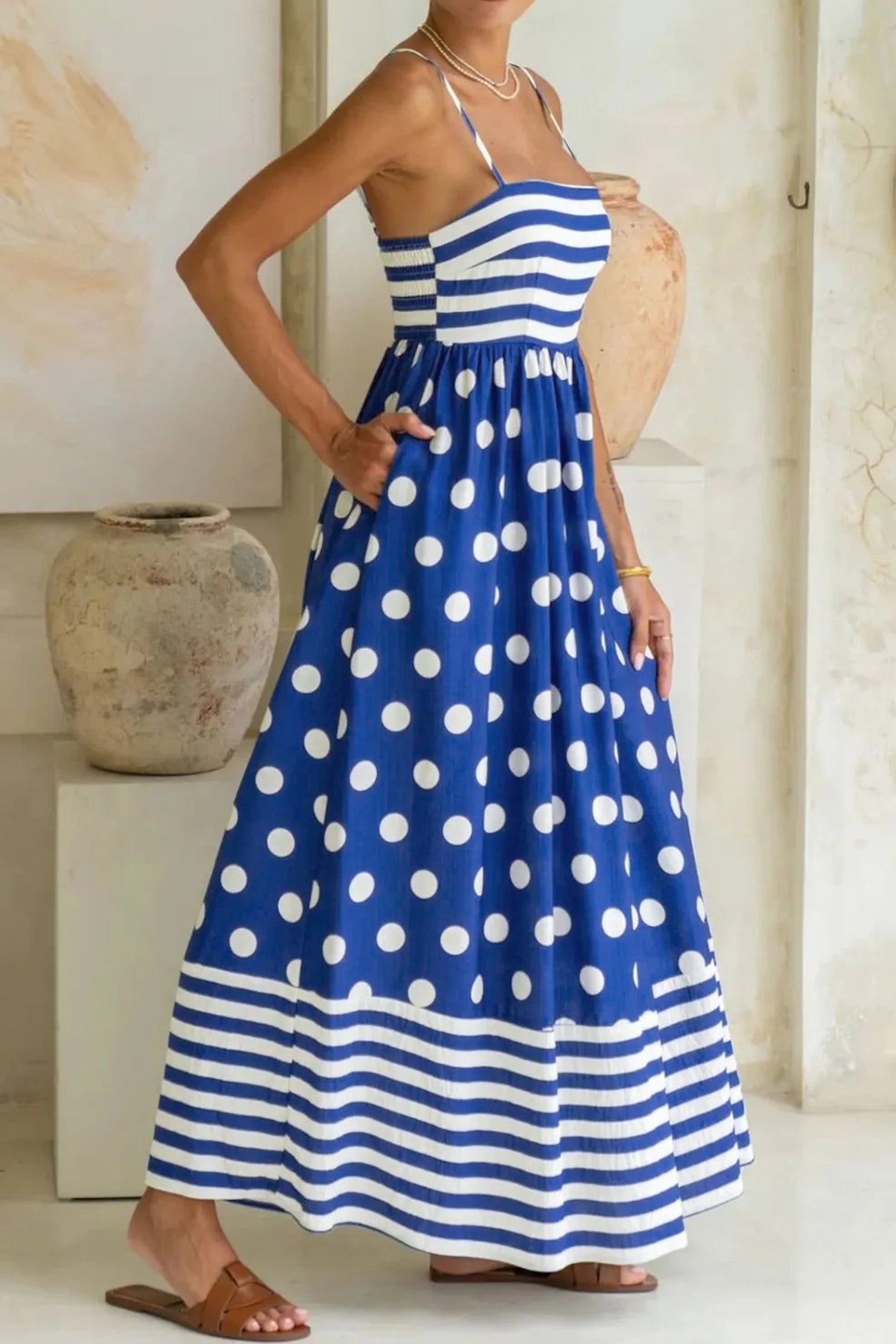 Blue Striped Polka Dot Patchwork High Waist Spaghetti Straps Maxi Dress 🇺🇸