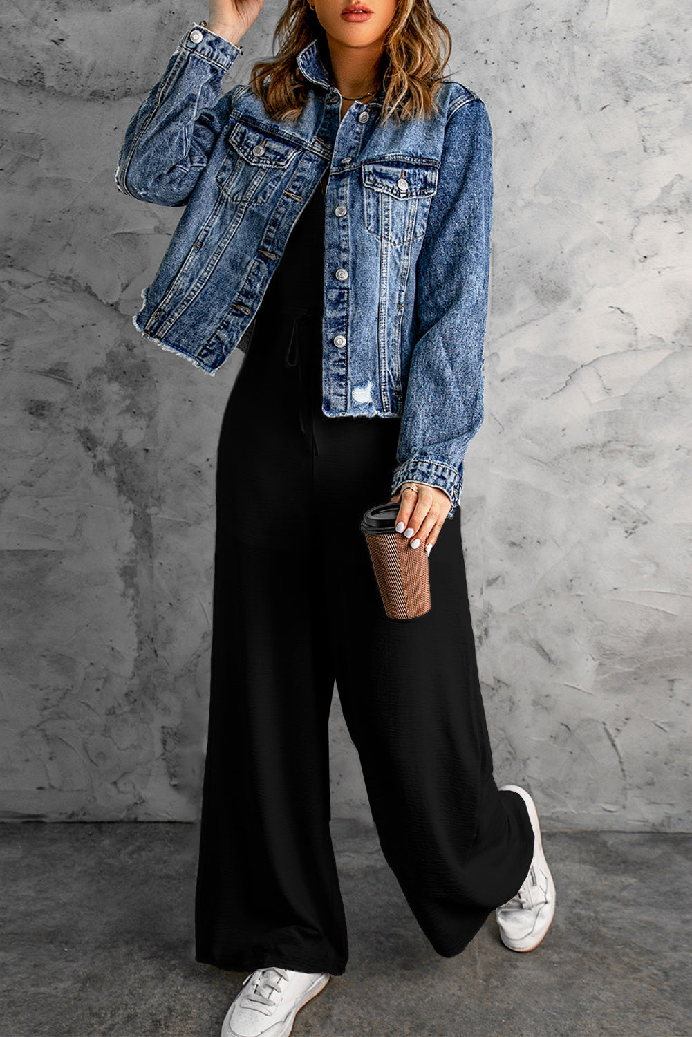 Black Solid Spaghetti Strap Wide Leg Drawstring High Waist Jumpsuit  🇺🇸