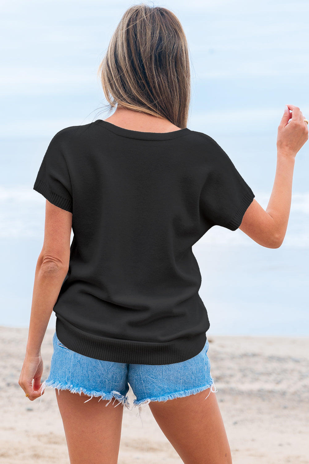 Black Bow Pattern Knit Short Sleeve Sweater 🇺🇲