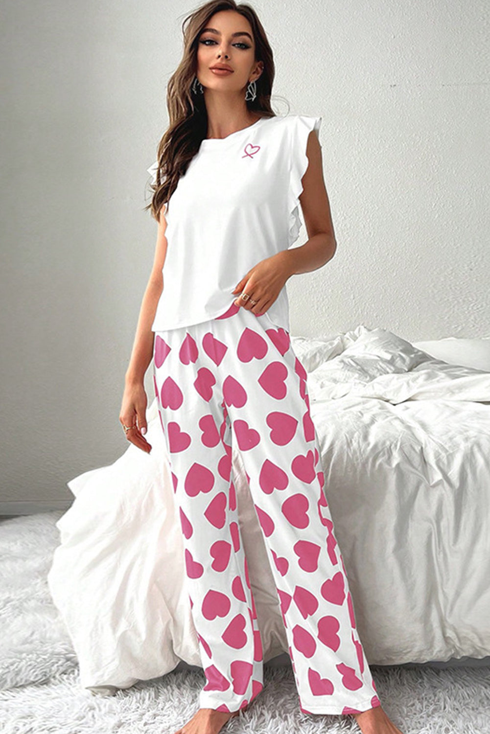 Pink Ruffled Tank Top And Heart Print Pants Lounge Set 🇺🇸