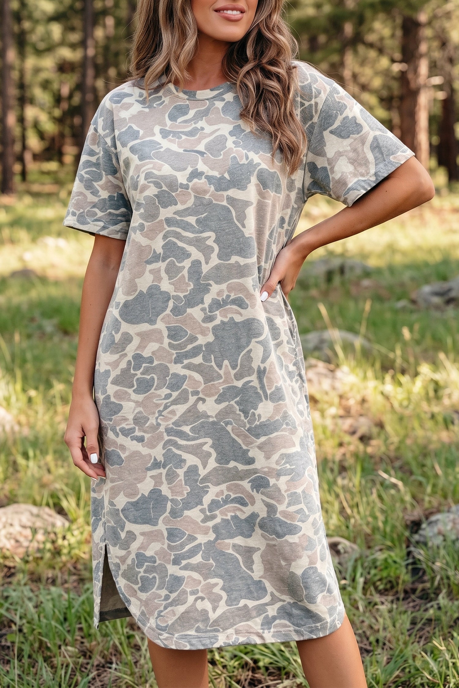 Multicolour Camouflage Print Short Sleeve Drop Shoulder Side Slit Casual Dress 🇺🇸