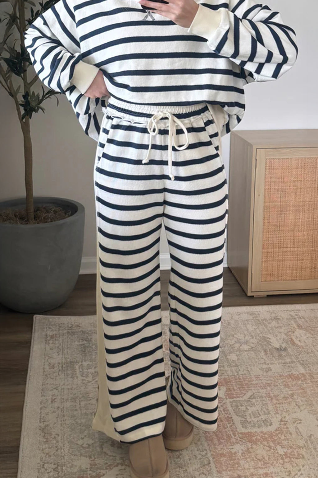 Blue Stripe Striped Ribbed Cuff Collar Pocket Loose Pant Set 🇺🇸