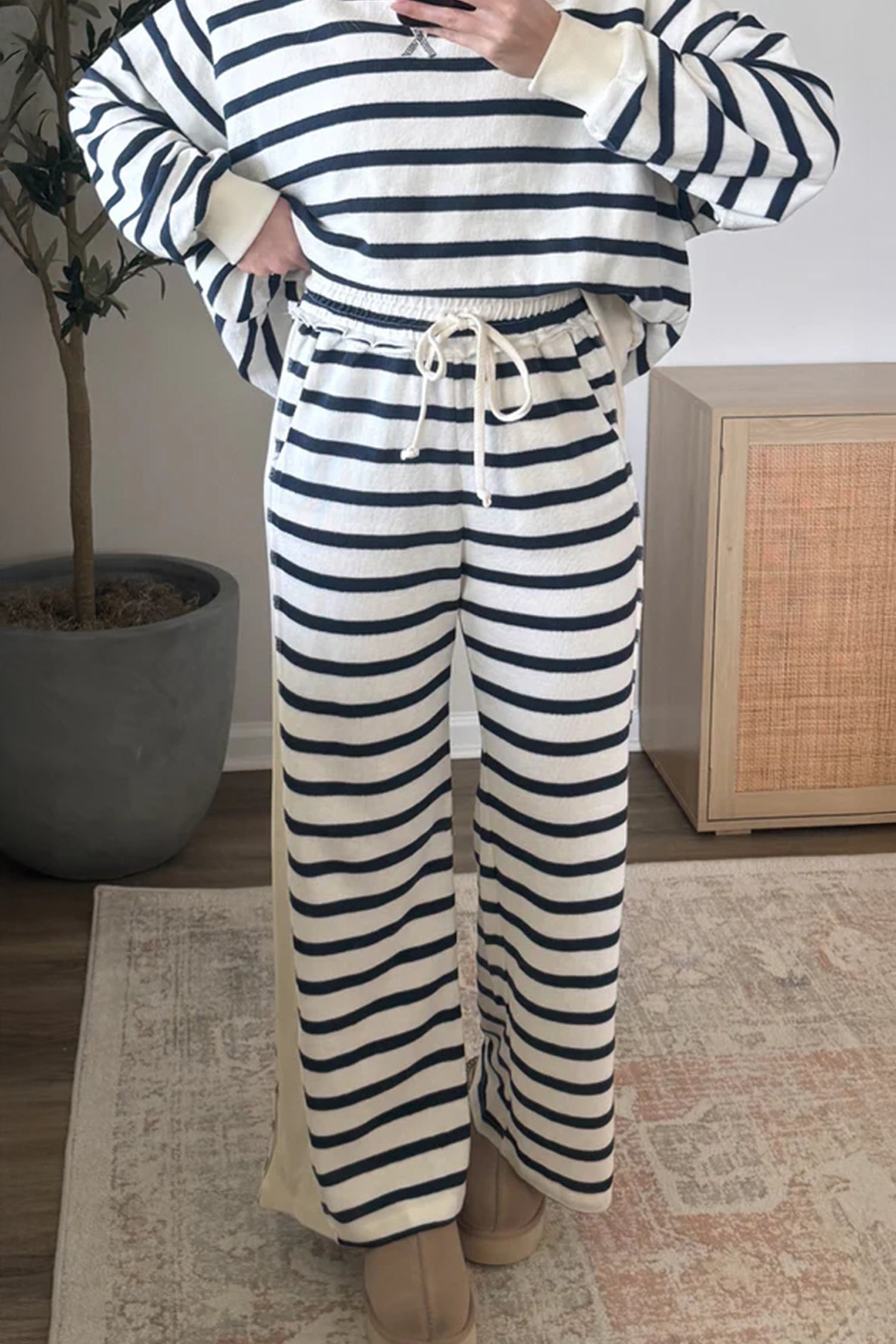 Blue Stripe Striped Ribbed Cuff Collar Pocket Loose Pant Set 🇺🇸