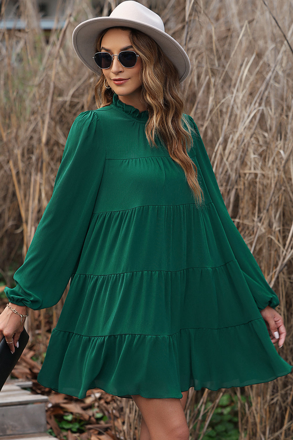 Green Puff Sleeve Mock Neck Back Knot Tiered Dress 🇺🇸