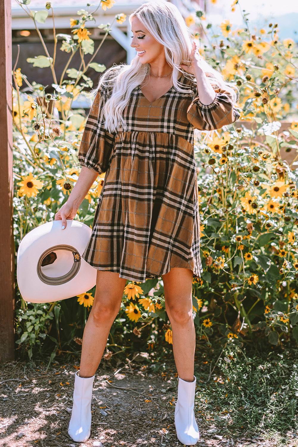 Brown Plaid Pattern Empire Waist Babydoll Dress 🇺🇸