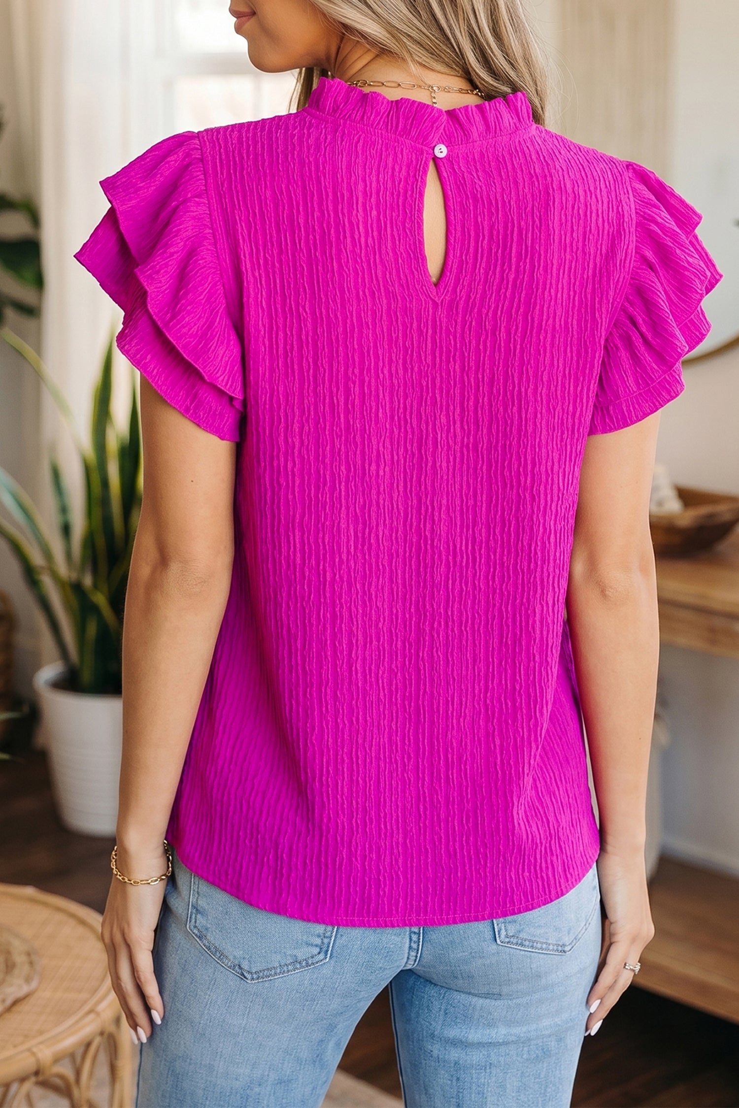 White Solid Color Textured Ruffle Trim Short Sleeve Blouse 🇺🇸