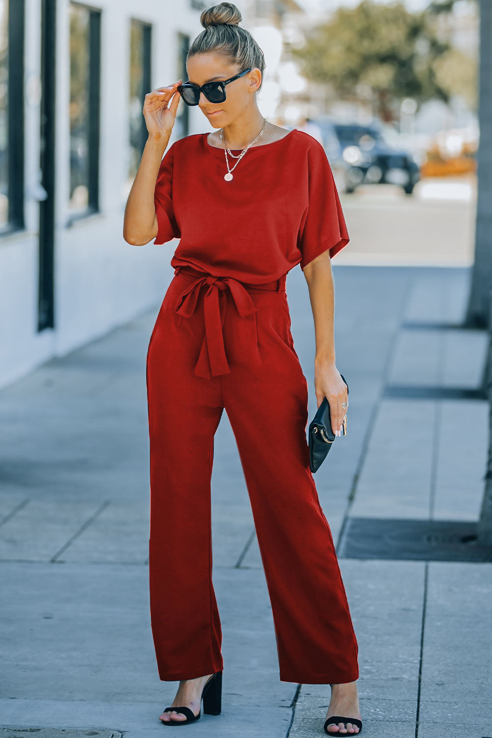 Fiery Red Belted Wide Leg Jumpsuit 🇺🇸