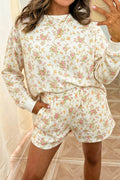 Beige Floral Print Long Sleeve Shift Top Pocketed Shorts 2pcs Set 🇺🇸
