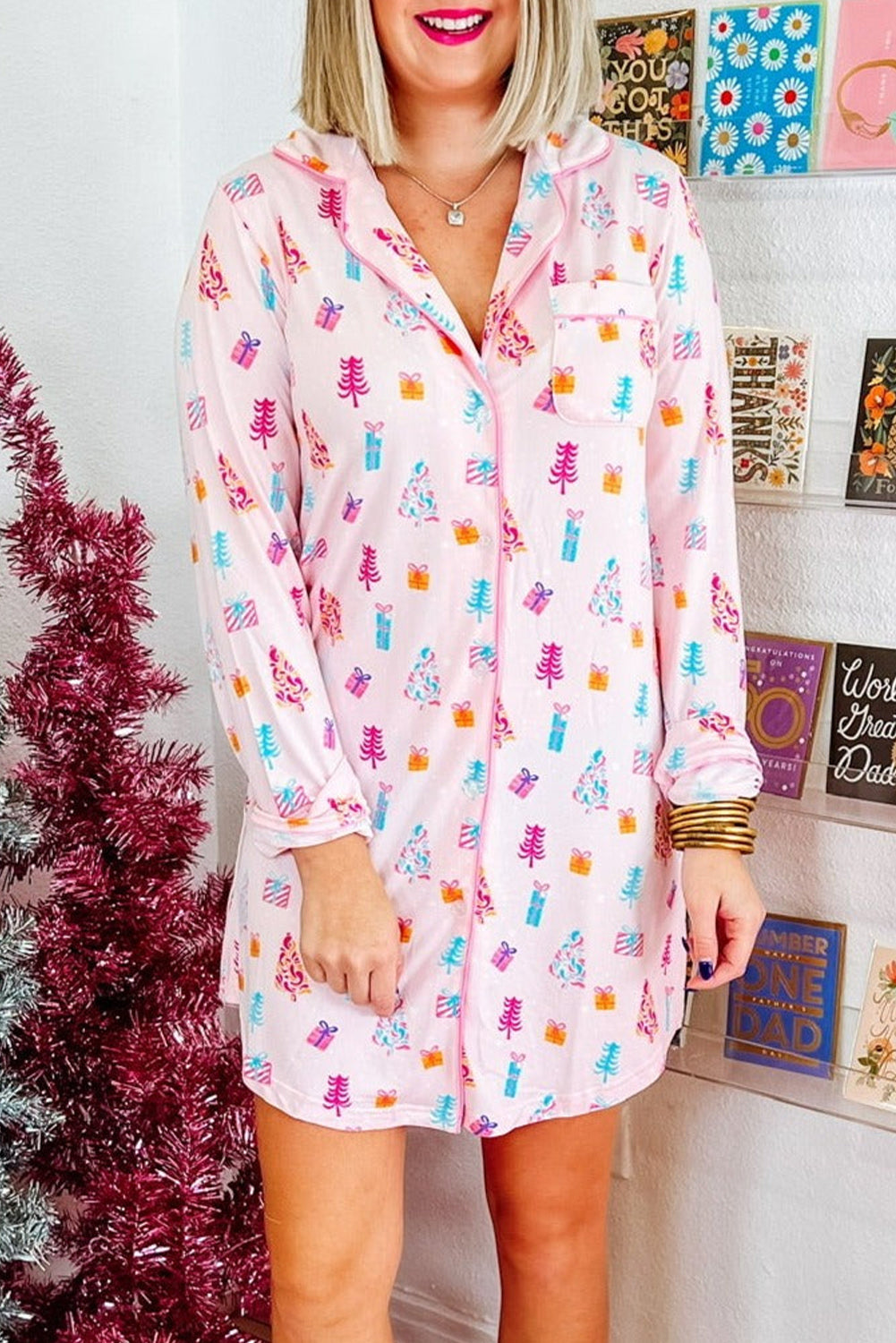 Pink Christmas Twinkle Tree Print Shirt Sleep Dress 🇺🇸