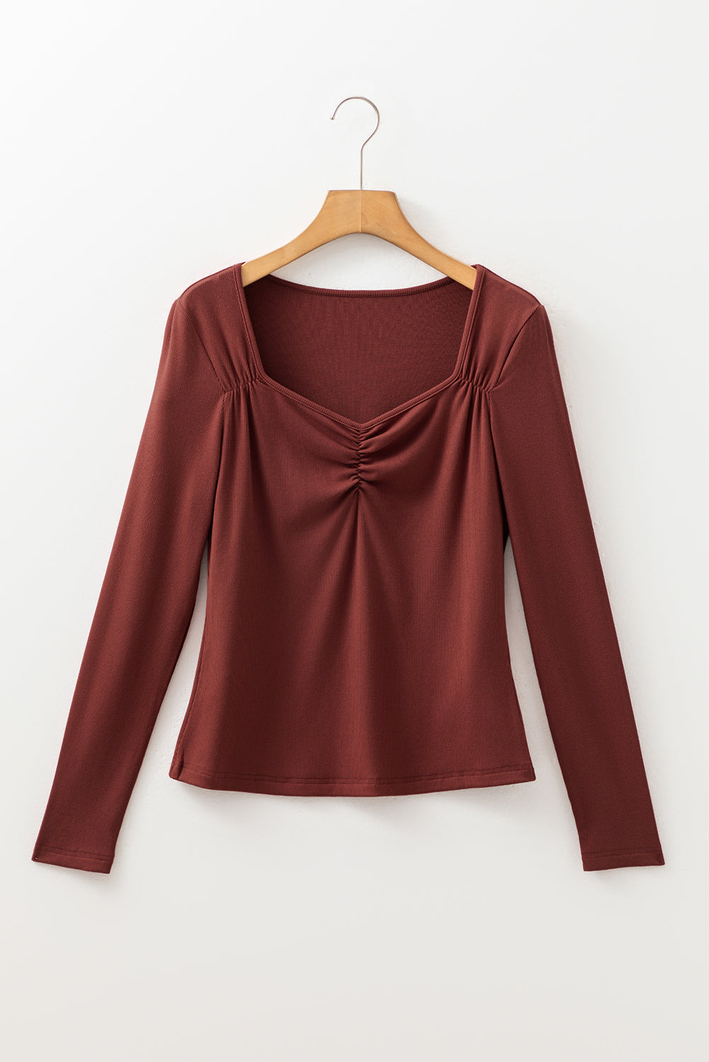 Burgundy Gathered Bust Square Neck Ribbed Fit Long Sleeve Top 🇺🇸