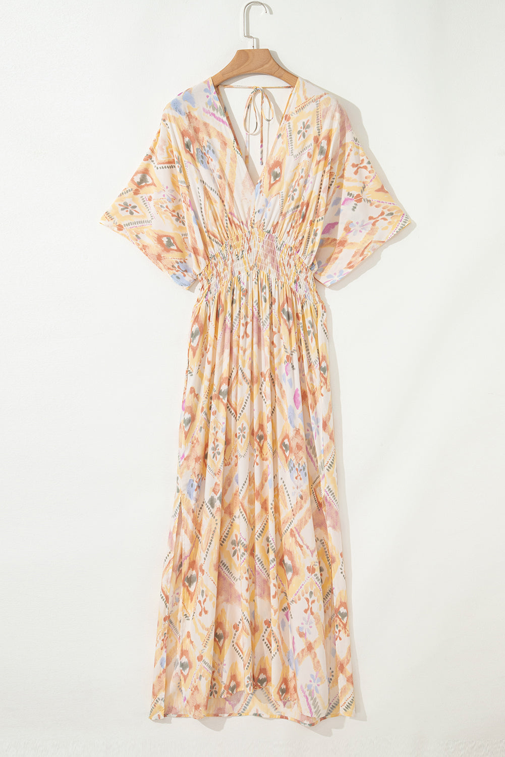Multicolour Geometric Print Half Sleeve Shirred High Waist Maxi Dress 🇺🇸