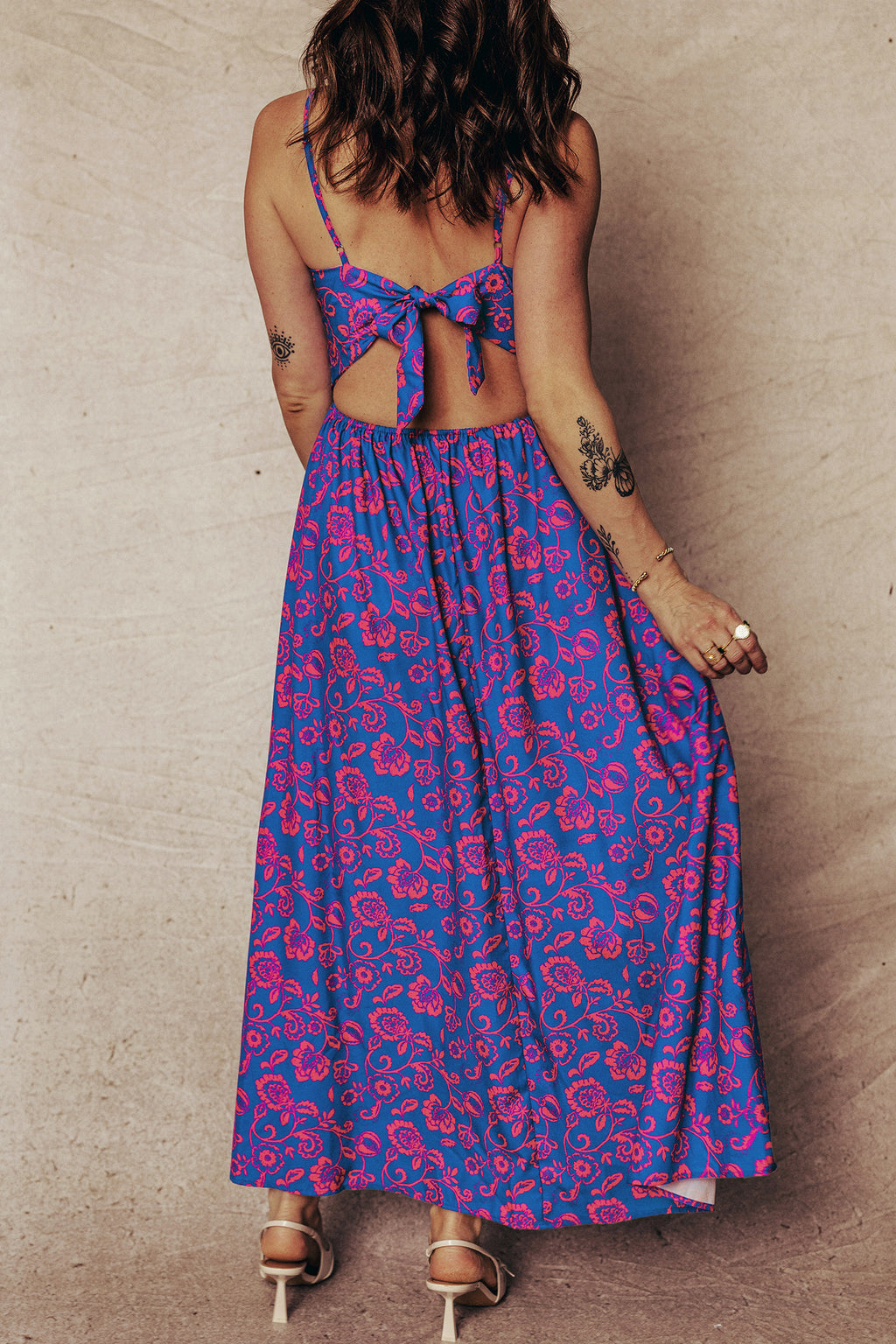 Blue Floral Print Twisted V Neck Tied Backless Maxi Dress 🇺🇸