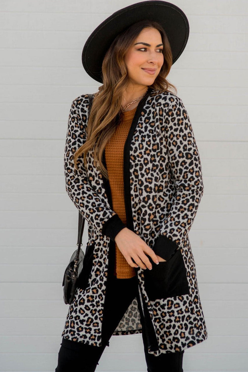 Black Leopard Patched Pocket Open Front Cardigan 🇺🇸