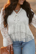 White Tie V Neck Lace Ruffle Detail Long Sleeve Blouse 🇺🇸