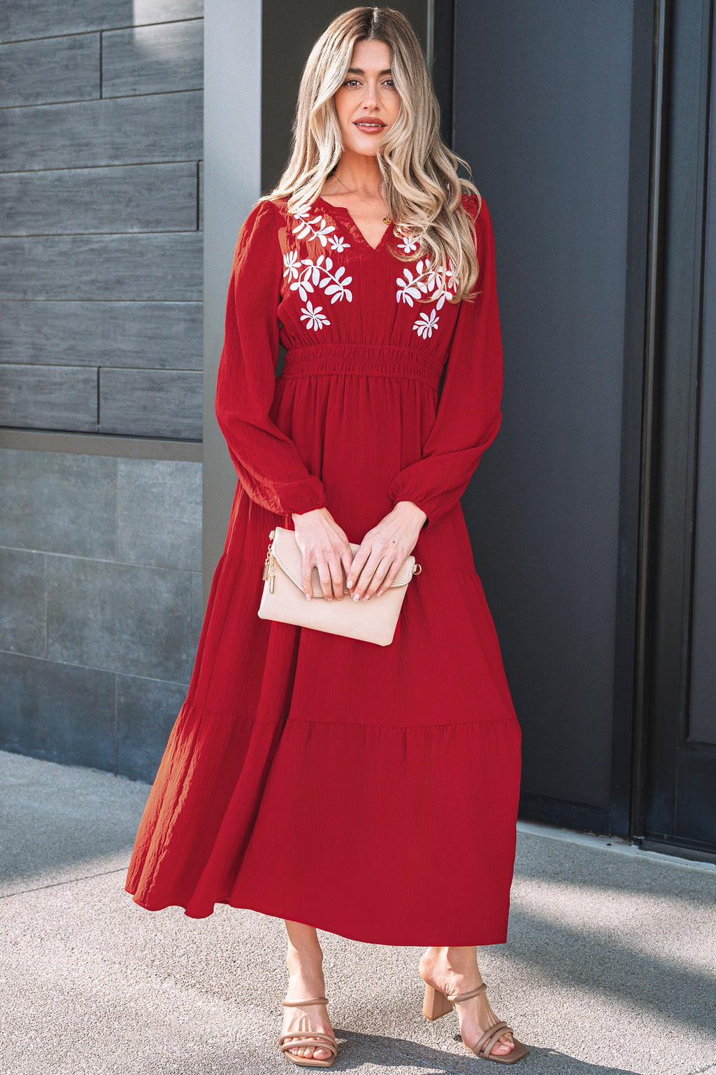 Racing Red Contrast Embroidered Detail Cinched Waist Tiered Long Sleeve Maxi Dress 🇺🇸