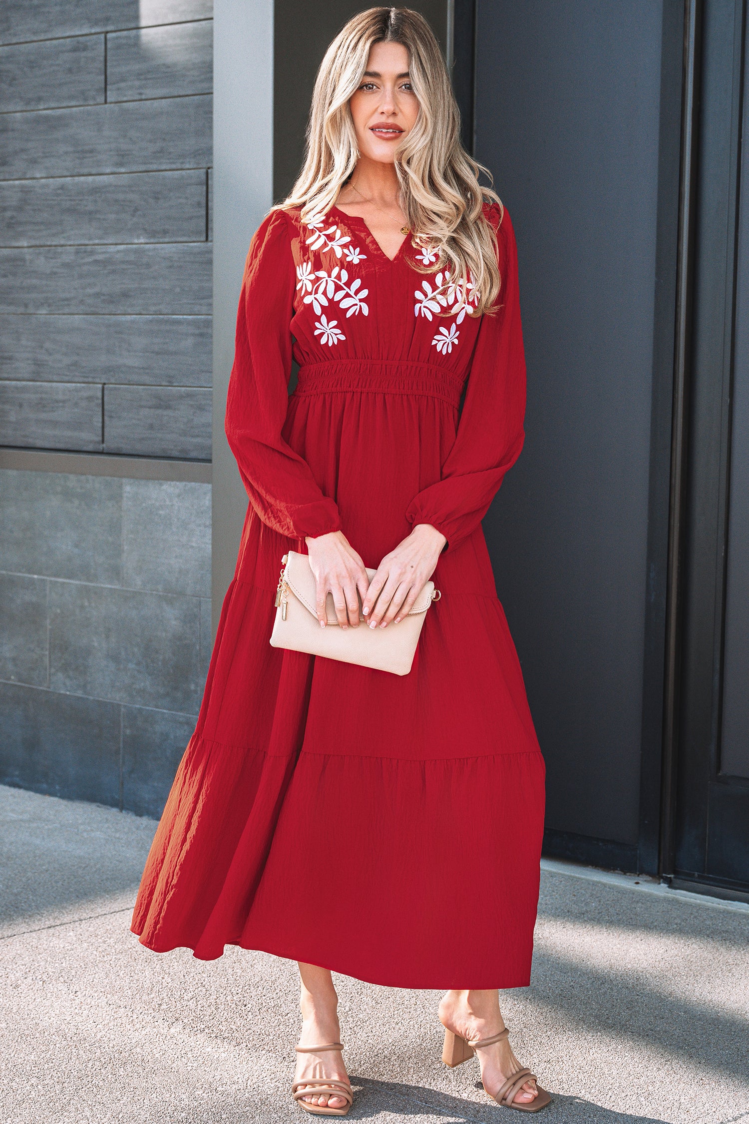 Racing Red Contrast Embroidered Detail Cinched Waist Tiered Long Sleeve Maxi Dress 🇺🇸