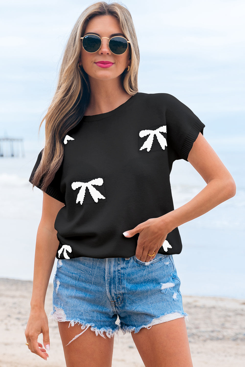 Black Bow Pattern Knit Short Sleeve Sweater 🇺🇲