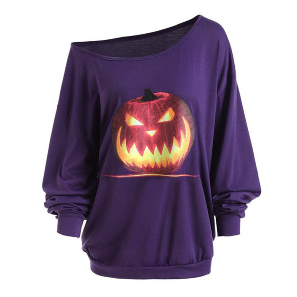 Cross Shoulder Halloween Angry Pumpkin Print Top 🇨🇳
