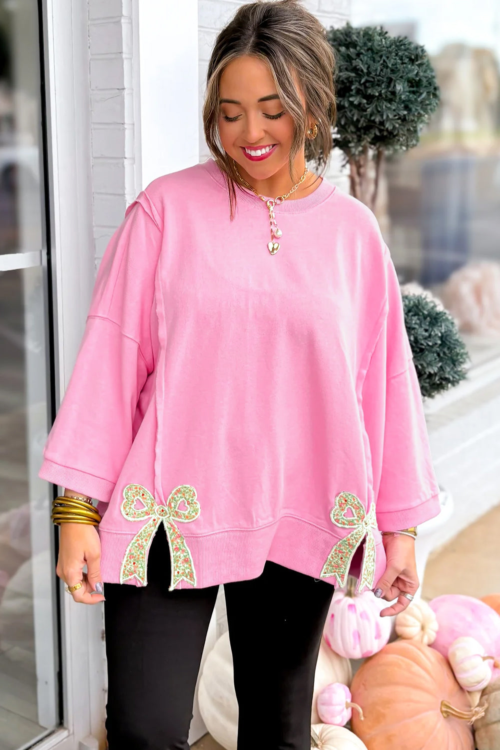 Pink Floral Bow Patched Exposed Seam Patchwork Slit Baggy Sweatshirt 🇺🇸