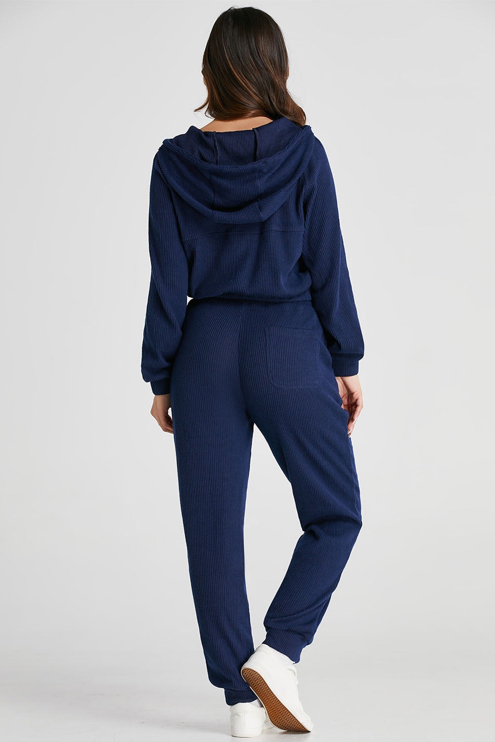 Navy Blue Ribbed Knit Cropped Hoodie and Drawstring Joggers Set 🇺🇲