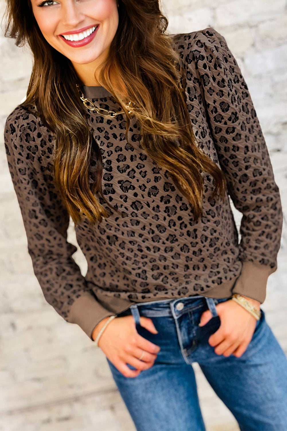 Brown Ribbed Trim Leopard Print Long Sleeve Top 🇺🇸