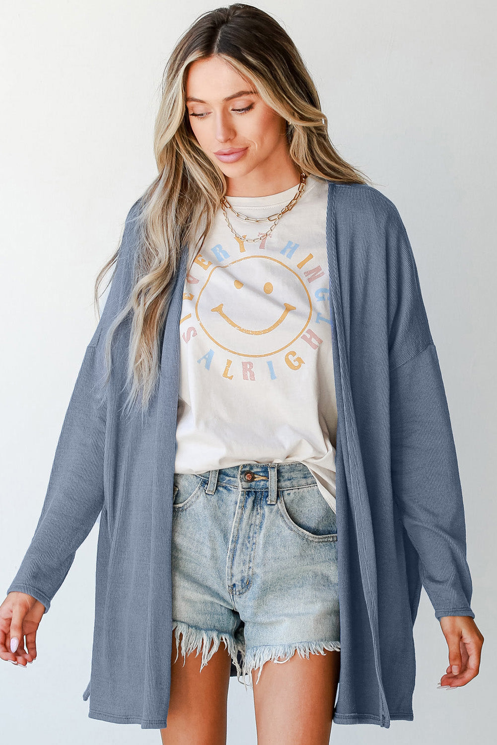 Ashleigh Blue Solid Color Rib Knit Open Front Tunic Cardigan 🇨🇳