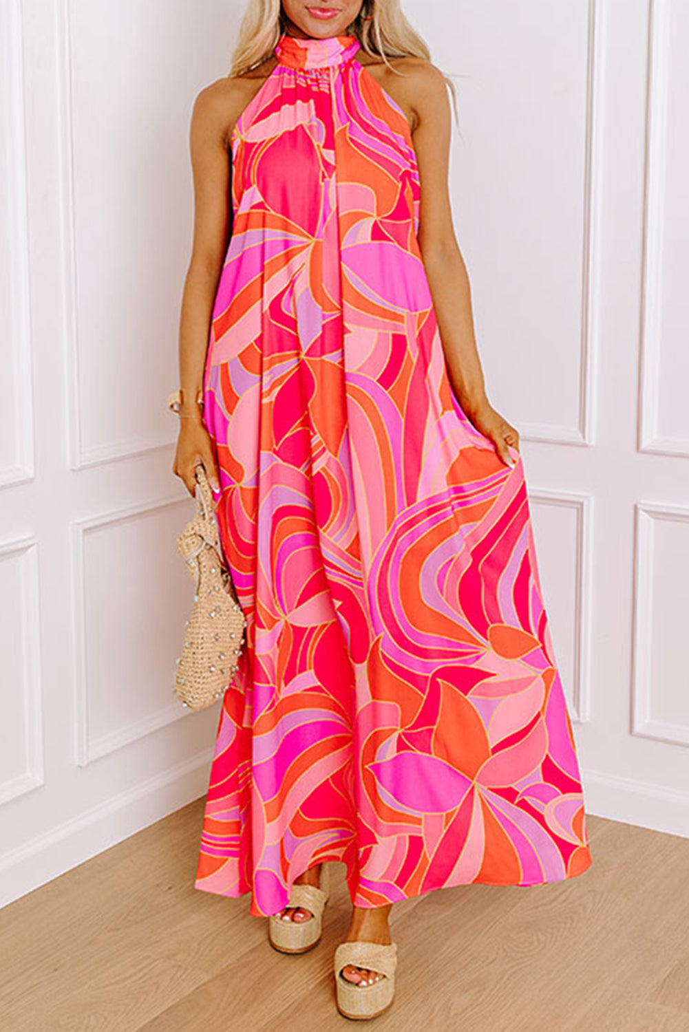 Rose Abstract Printed High Neck Knotted Nape Sleeveless Maxi Dress 🇺🇸