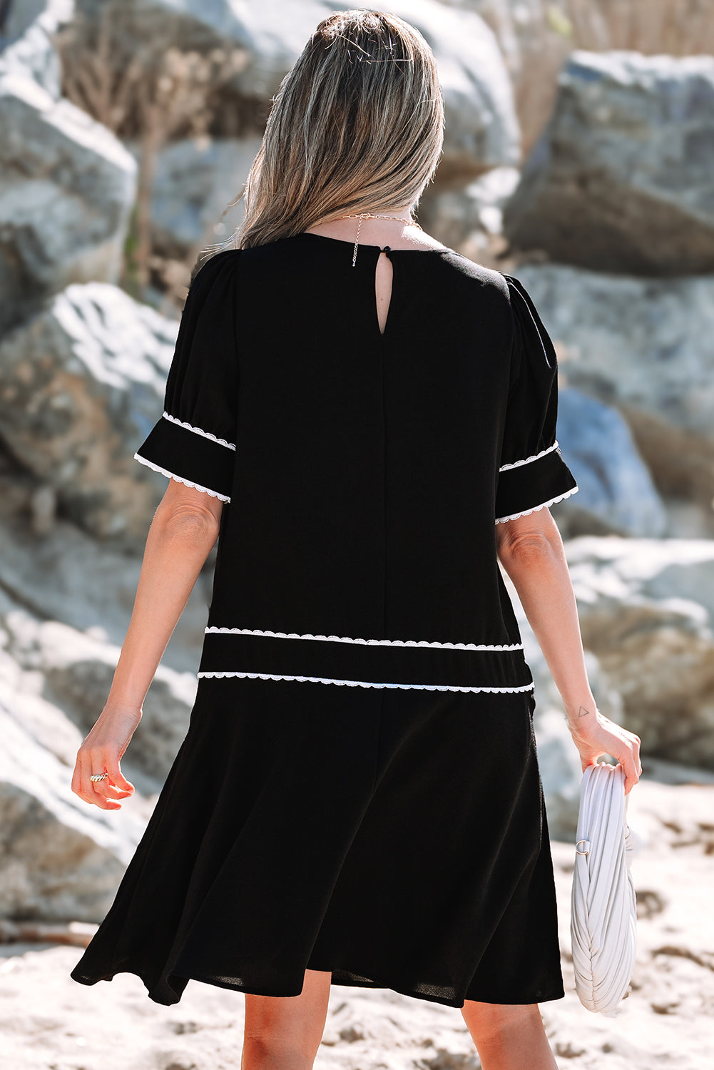 Black Contrast Scallop Trim Bow Detail Half Sleeve Shift Dress 🇨🇳