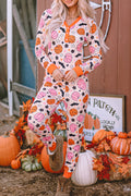 Pink Halloween Pumpkin Print Long Sleeve Home Wear Lounge Set 🇺🇸