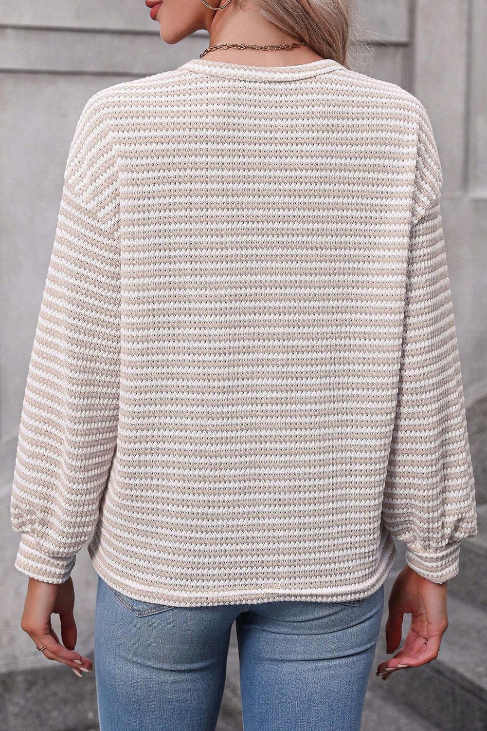 Khaki Stripe Round Neck Drop Shoulder Long Sleeve Top 🇺🇲