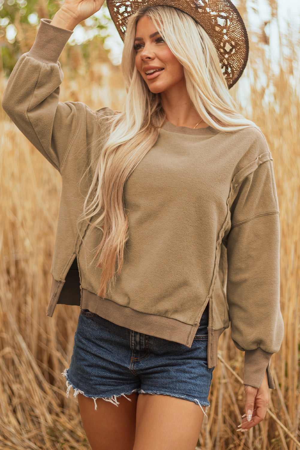 Dark Khaki Fuzzy Sherpa Splicing Pullover Sweatshirt with Side Slit 🇺🇸